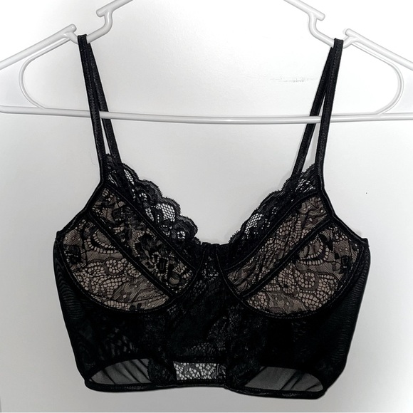 Sheer Mesh Corset Style Black Lacy Lingerie Cropped Bra Top with a Lacy Trim! - Picture 1 of 5
